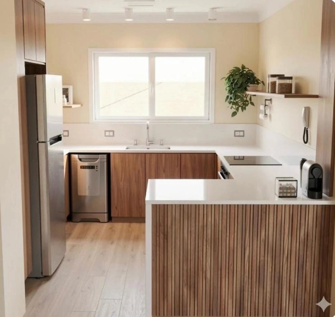 Projeto em 3D da cozinha com marcenaria amadeirada e bancada em L