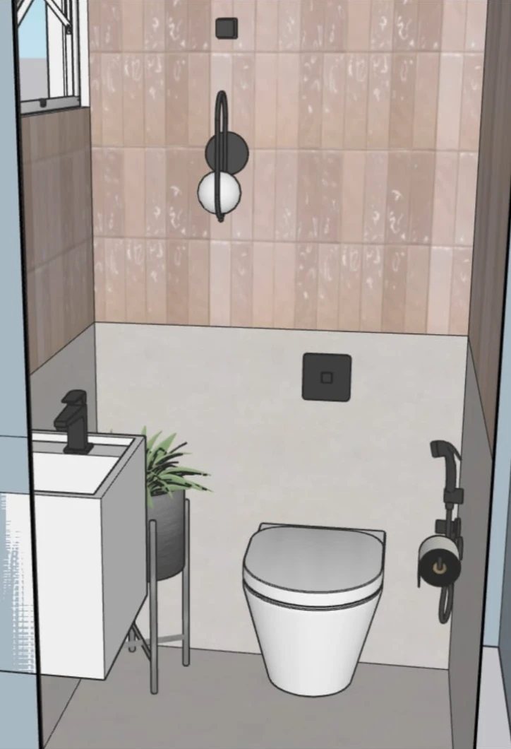 Projeto em 3D do lavabo com revestimento rosado, metais pretos e bacia suspensa
